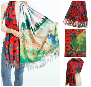Ladies Bold Poppy & Monet Art Print Reversible Wool Tassel Scarf 7997 - Picture 1 of 14