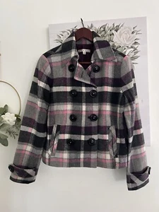 Cabi Womens Double Breasted Pea Coat Size 2 Purple Gray Plaid Lined Wool Blend - Picture 1 of 8