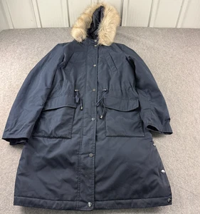 M&S Parka Mantel Damen Größe 14 Blau Stormwear Strukturiert Kapuze Fellbesatz UVP 129 £ - Bild 1 von 15