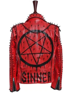 Men's PVC Leather Punk Jacket, Red With Metal Stud And Spikes Sinner Jacket. - Picture 1 of 7