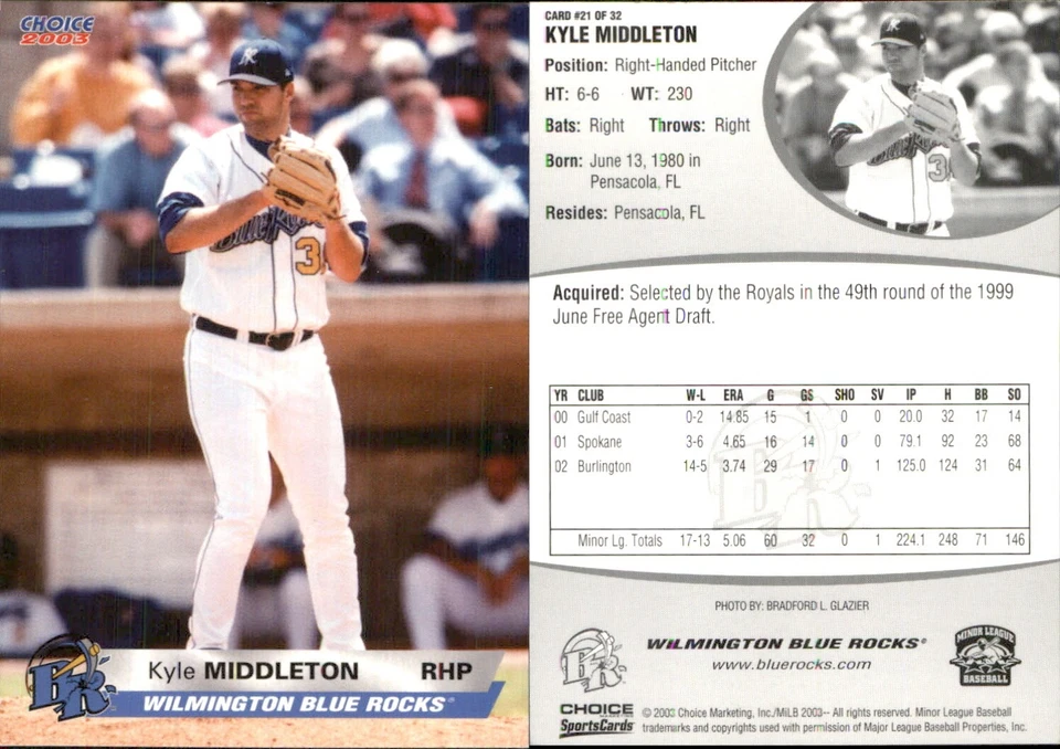 Kyle Middleton 2003 Choice Wilmington Blue Rocks #21 RC Card FREE SHIP - Image 1 of 1