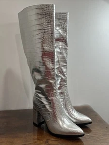Silberne kniehohe Stiefel mit klobigem Absatz Größe 6,5 - Bild 1 von 5