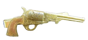 PISTOL SIX SHOOTER Vintage Brass Tie Tack Bar Ornate Figural Fine Detailing - Picture 1 of 9