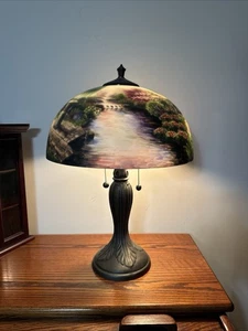 Thomas Kinkade reverse-painted lamp Hand painted Base Is Metal 2 Bulb Fixture - Picture 1 of 10