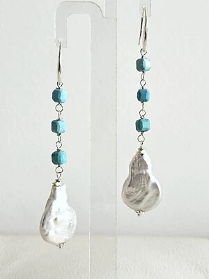 Orecchini in argento 925, turchese e perle di acqua dolce naturali - Immagine 1 di 4