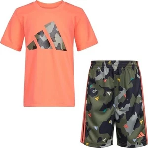 adidas Boys' Short Sleeve Poly Tee & Camo Short Set, Coral Fusion 3T, New w Tags - Picture 1 of 4
