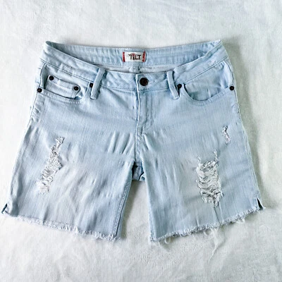 Pantalones cortos de mezclilla inclinados | Azul claro lavado | desgastados | Talla 7 | Elásticos | Y2K Foto 1 de 4