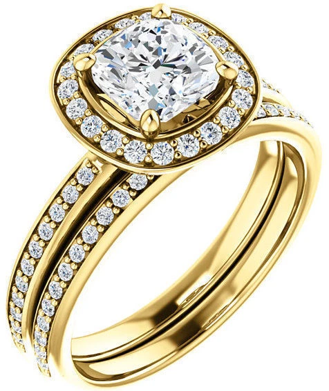 Anillo de compromiso de oro amarillo de 14 k con halo de diamantes de corte redondo y cojín total de 1,32 quilates Foto 1 de 1