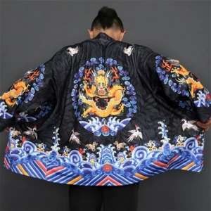 Men Japanese Yukata Coat Kimono Jacket Retro Loose Top Black Warm Dragon Black - Picture 1 of 12