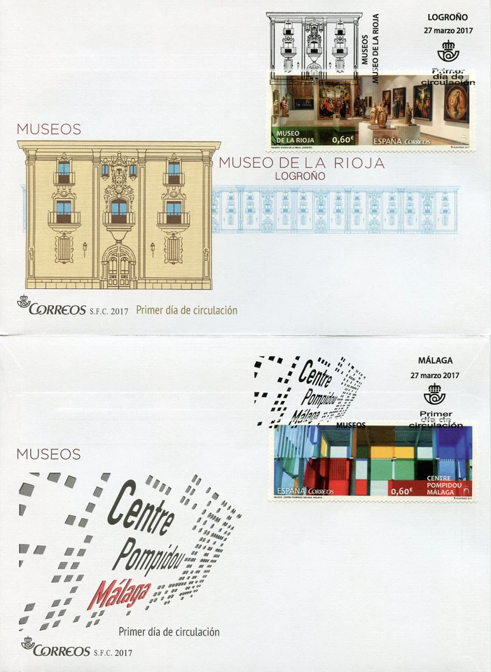 España 2017 FDC Museos La Rioja Centro Pompidou 3v Set en 3 Cubiertas Estampillas Artísticas Foto 1 de 2