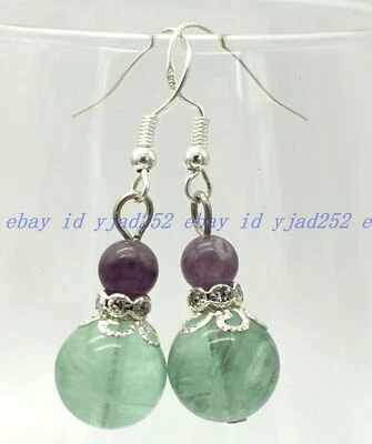 Pendientes colgantes de gancho con cuentas redondas de piedras preciosas de fluorita multicolor natural de 6-12 mm Foto 1 de 4