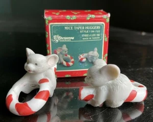 Vintage 1988 Weihnachten Mäuse Kegel Kerze Huggers Zuckerstange Kerzenringe IOB EUC - Bild 1 von 7