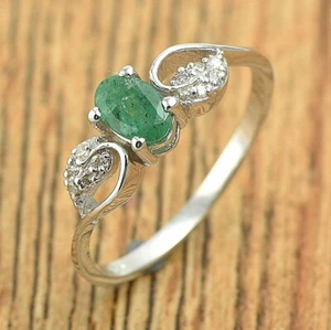 925 Sterling Silver Natural Green Emerald Gemstone Dainty womens Ring Jewelry - Picture 1 of 5