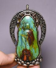 8cm Old China Copper Silver Turquoise carving Ksitigarbha Buddha Amulet Statue
