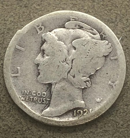 1921 D Mercury Dime circulated 90% Silver  AG / G - Key Date Cover