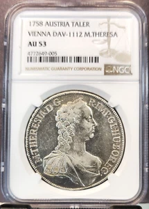 1758 AUSTRIA SILVER 1 TALER VIENNA MINT MARIA THERESA NGC AU 53 RARE TOP POP 1 - Picture 1 of 3