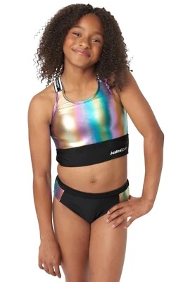 Conjunto de 2 piezas de traje de baño bikini Justice Girls negro talla 7/8 colorido logotipo deportivo J Foto 1 de 4