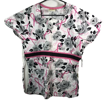 TAFFORD Scrub Top Women Size S Pink Ribbons & Gray Roses V-Neck Cotton Pullover - Image 1 of 4