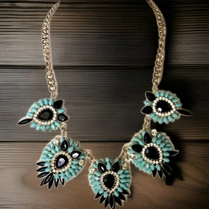 Vintage Turquoise And Onyx Bib Chain Statement Necklace - Picture 1 of 9