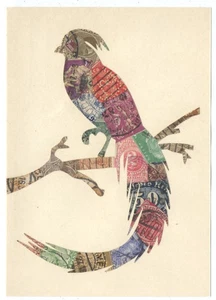 STAMP ART COLLAGE - Long Tail PAPAGEI auf Ast - Vintage Postkarte - Bild 1 von 2
