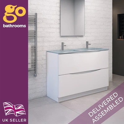 THE BATH PEOPLE 1200mm White Gloss Vanity Unit Floor Standing 2 Drawer Unit & White Glass Basin