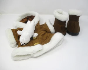 Build A Bear Hooded Faux Brown Suede/White Fur Eskimo Parka Coat Boots Seal - Picture 1 of 12