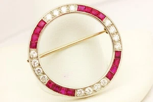 Platinum 2ctw ruby diamond circle pendant brooch estate vintage 14k Art Deco - Picture 1 of 10