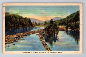 Penobscot ME- Maine, Logs Running On West Branch, Antique Vintage c1936 Postcard - Imagen 1 de 2