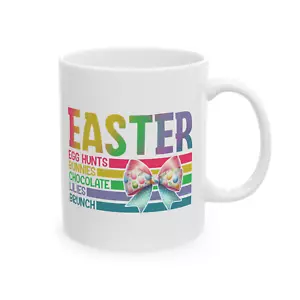Easter Mug Egg Hunt Bunnies Chocolate Bow Farmhouse Spring Gift Coffee Tea Cup - Picture 1 of 7