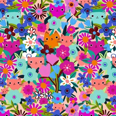 Tela Feline Drive PEEKABOO Rosa Melocotón Gato Floral - Cuarto Graso (18"x22") FQ Foto 1 de 4