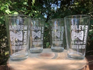 4 CUSTOM Wedding Party Beer Pint Glass Engraved Groomsman Best Man Groom Bowtie - Picture 1 of 2