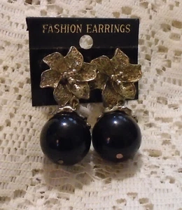 1980er Ära Vintage KOSTÜM Ohrhänger Ohrstecker goldfarben schwarz Kugel - Bild 1 von 2