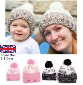 2pcs Mum & Kids Babies Girls Boys Knitted Beanie Hat Ladies Wool Winter Warm Cap - Picture 1 of 8