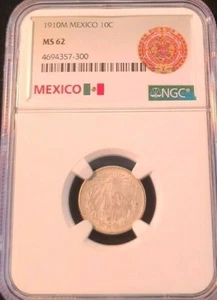 1910 MEXICO SILVER 10 CENTAVOS 10C NGC MS 62 NICE LUSTER SCARCE EARLY DATE - Picture 1 of 5