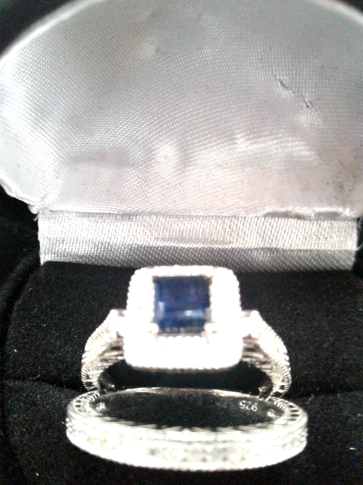 PRINCESS HALO GENUINE SAPPHIRE & DIAMOND ENGAGEMENT RING SET  SZ 7 + BONUS! - Image 1 of 1