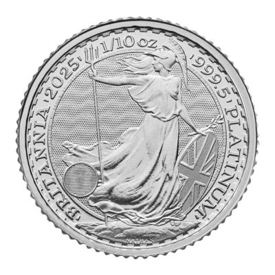 Moneda bullion pura de 1/10 oz 2025 Reino Unido Gran Bretaña £10 platino Britannia .9995 Foto 1 de 2