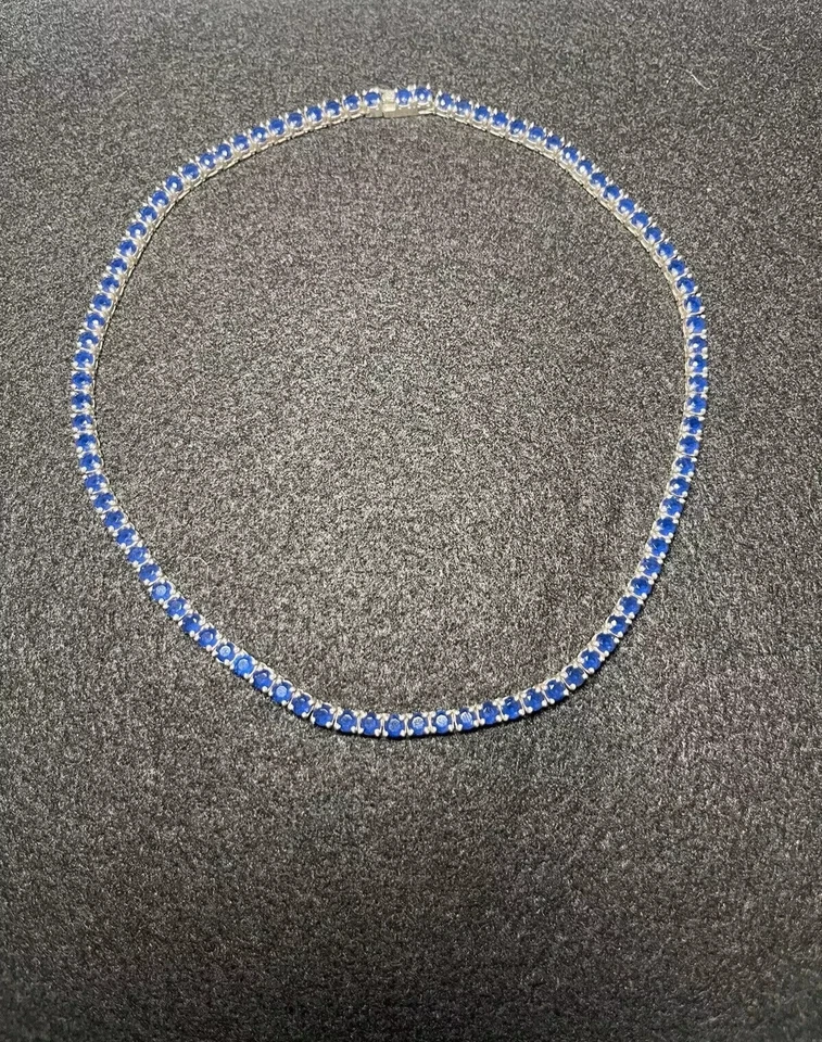 3MM 22Ct Round Lab Created Blue Sapphire Tennis Necklace 14K White Gold Plated - Image 1 of 4
