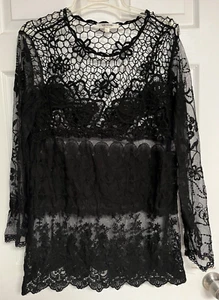 TANTRUMS Black Open Crochet Embroidered LS Sheer Cover-Up Pullover Tunic Top 1X - Picture 1 of 10