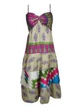 Vintage Printed Boho Fashion Sari Dress Spaghetti Strap Gypsy Dresses S/M