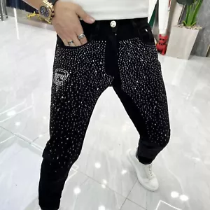 Neu Herren Luxus schwarze Jeans Diamant Strass Mode Hose hohe Qualität - Bild 1 von 12