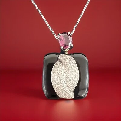 Collar CERT.14K Oro Blanco Natural G-H/VS 3.70CT Diamante Turmalina Ónix Negro Foto 1 de 4