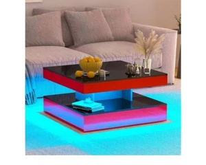 Red LED Coffee Table for Living Room, Living Room Table 2-Tier Square Center Tab - Picture 1 of 12