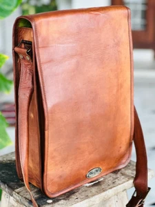 Village Leather Messenger Real Satchel Bag Genuine Laptop Brown Briefcase New - Picture 1 of 6