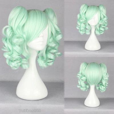 Ice Green Curly Medium Pigtail Ponytail Women's Cosplay Anime Hair Wig Wigs +Cap - Image 1 of 4