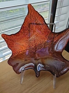 Glass Maple Leaf Bowl Irridescent Orange 8" Trinket Nut Dish - Picture 1 of 4