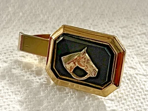 Equestrian Horse Vintage Black & Gold Tone Metal Tie Bar Clip Clasp - Picture 1 of 4