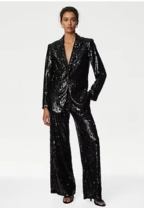 M&S ~ Tailored Black Sequin SUIT Single Breasted Blazer (12) & Wide Leg Trs (10) - Picture 1 of 19