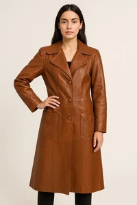 Abrigo largo vintage años 70 marrón caramelo cuero genuino para mujer trinchera retro 12 vanguardista - Imagen 1 de 20