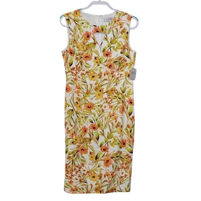 NWT Kasper Linen Blend Dress 8 Floral Sheath Straight Orange White Green Key New - Image 1 of 4