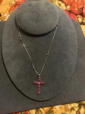 Collar 18 con colgante de cruz de rodonita rosa de plata de ley 925 Foto 1 de 4